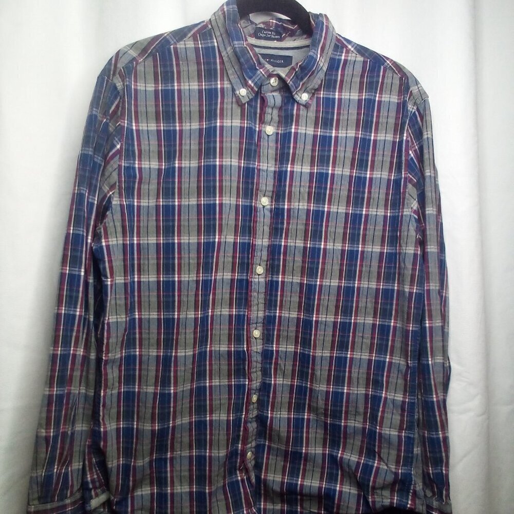 Tommy Hilfiger Shirt L Button Down Long Sleeve Custom Fit Plaid Blue Red Gray
